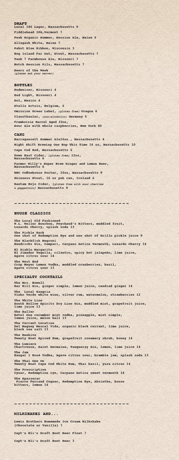Local 186 Drinks menu Summer 2018